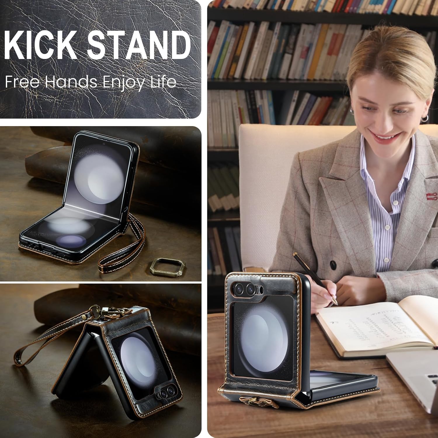 Phone Case for Samsung Galaxy Z Flip 5 5G 2023 with Lanyard Wrist Strap Thin Slim PU Leather Shockproof Hard Shell Protective Cell Cover ZFlip5 Z5 G Flip5 5Z Women Girls Coffee