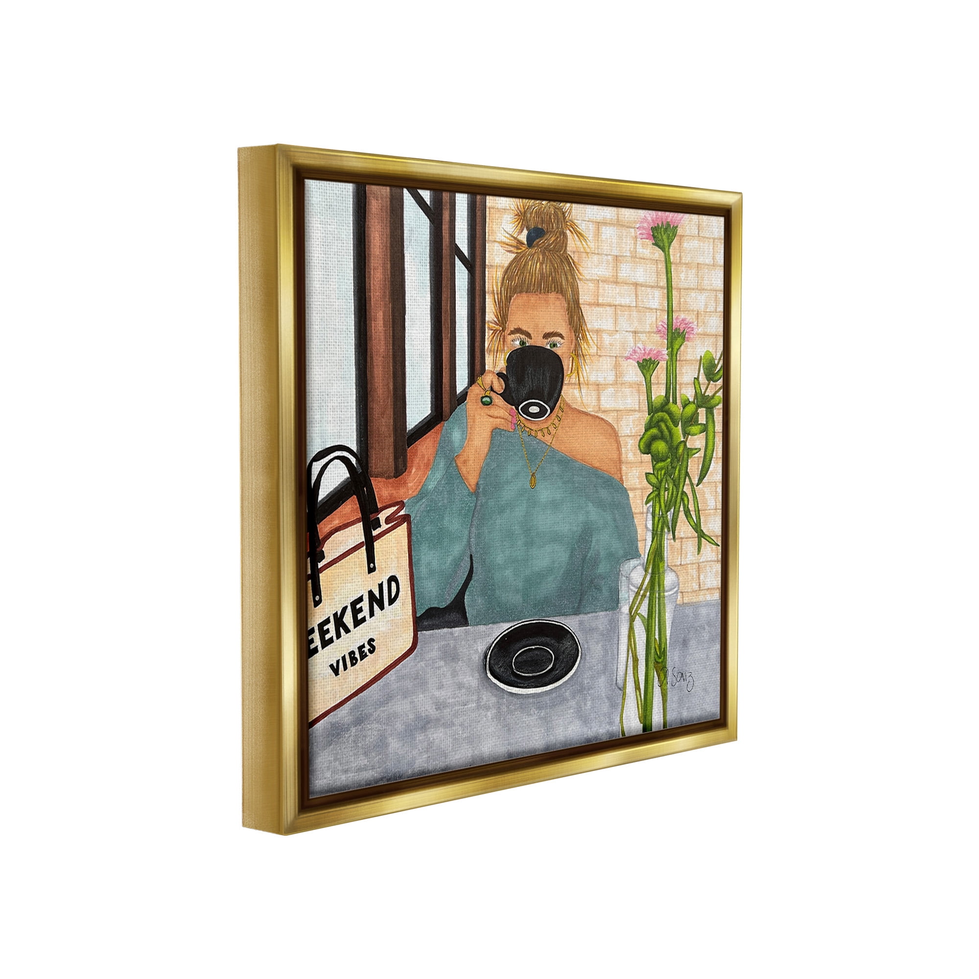 Stupell Industries Weekend Vibes at Cafe Food & Beverage Painting Gold Floater Framed Canvas Art Print Wall Art, 25 x 25