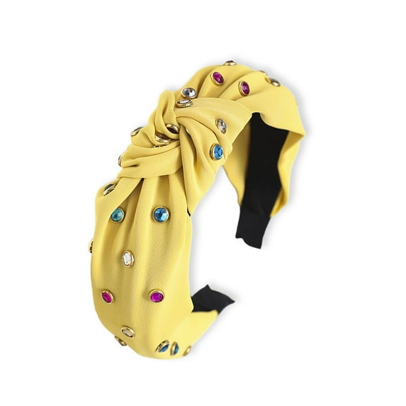 Linyer Fashion Hair Band Hoop Bow Tie Embellished Headband with Rhinestones Colorful Wide Adjustable Headbands for Women Girls Yellow