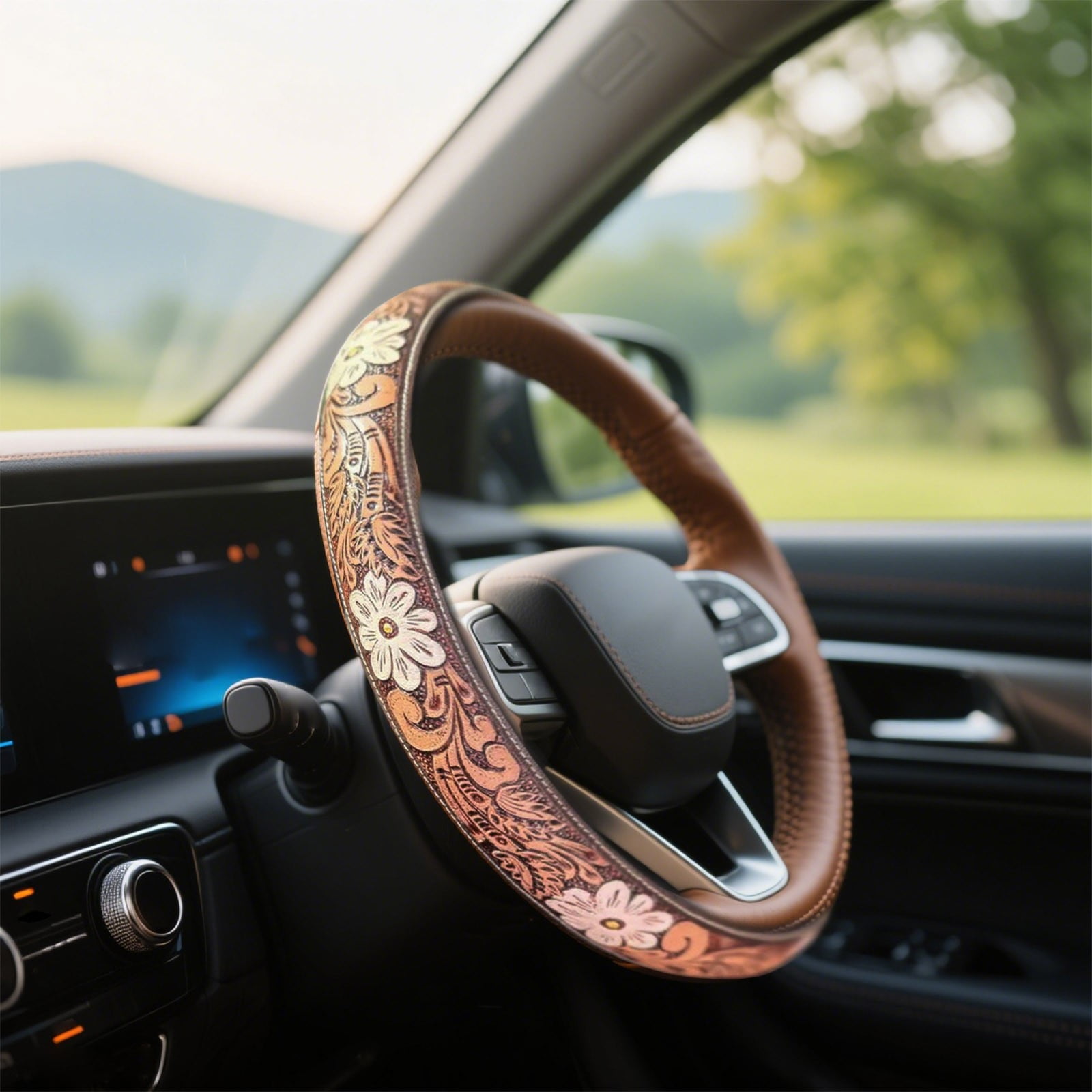 Western Steering Wheel Cover,Retro Western Cowboy Car Universal Steering Wheel Cover,Embossed Hand-Painted Leather Western Car Accessories, for Women Man, Anti- Design Easy to Install (A)
