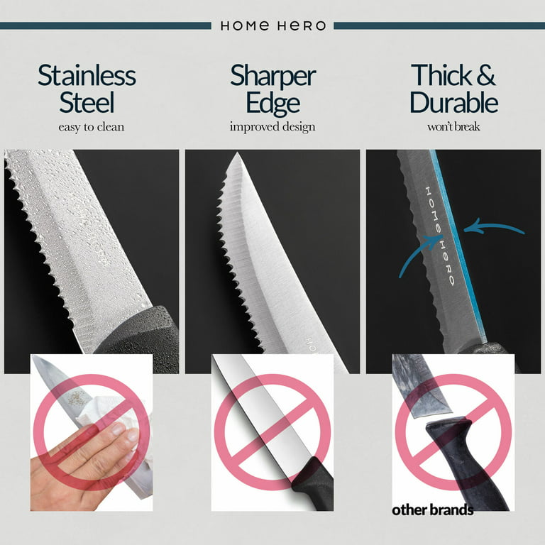  Home Hero 8 pcs Stainless Steel Steak Knife Set - Serrated  Steak Knives Set - Dishwasher Safe - (Black, Stainless Steel): Home &  Kitchen