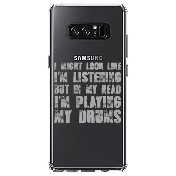 DistinctInk Clear Shockproof Hybrid Case for Samsung Galaxy Note 8 - TPU Bumper Acrylic Back Tempered Glass Screen Protector - In My Head, I'm Playing Drums