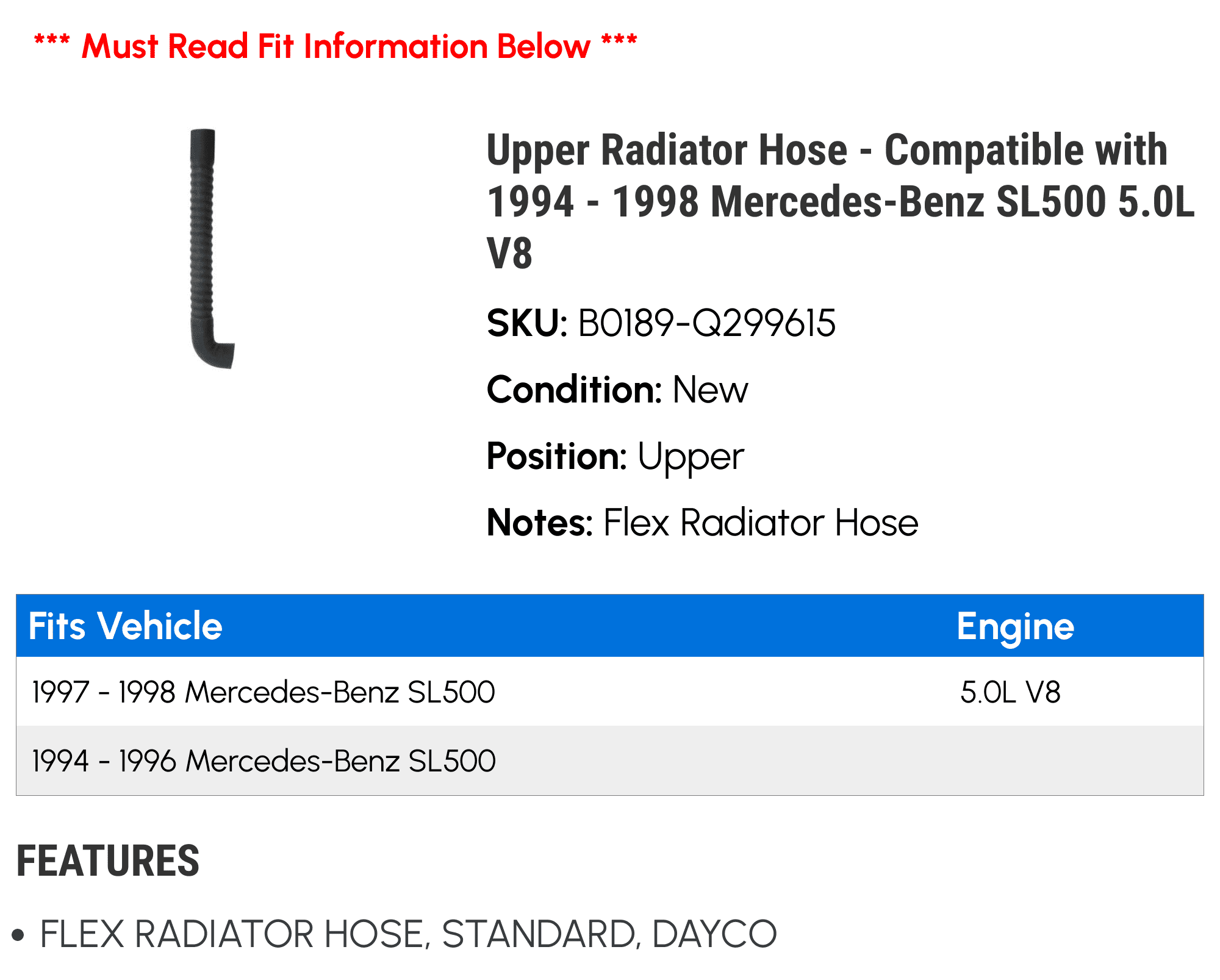 Upper Radiator Hose - Compatible with 1994 - 1998 Mercedes-Benz SL500 5.0L V8 1995 1996 1997