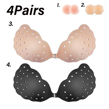 

Genovega 4 Pairs Adhesive Bra Strapless Sticky Invisible Push up Silicone Bra for Women Wedding Dresses Reusable Backless with Nipple Covers