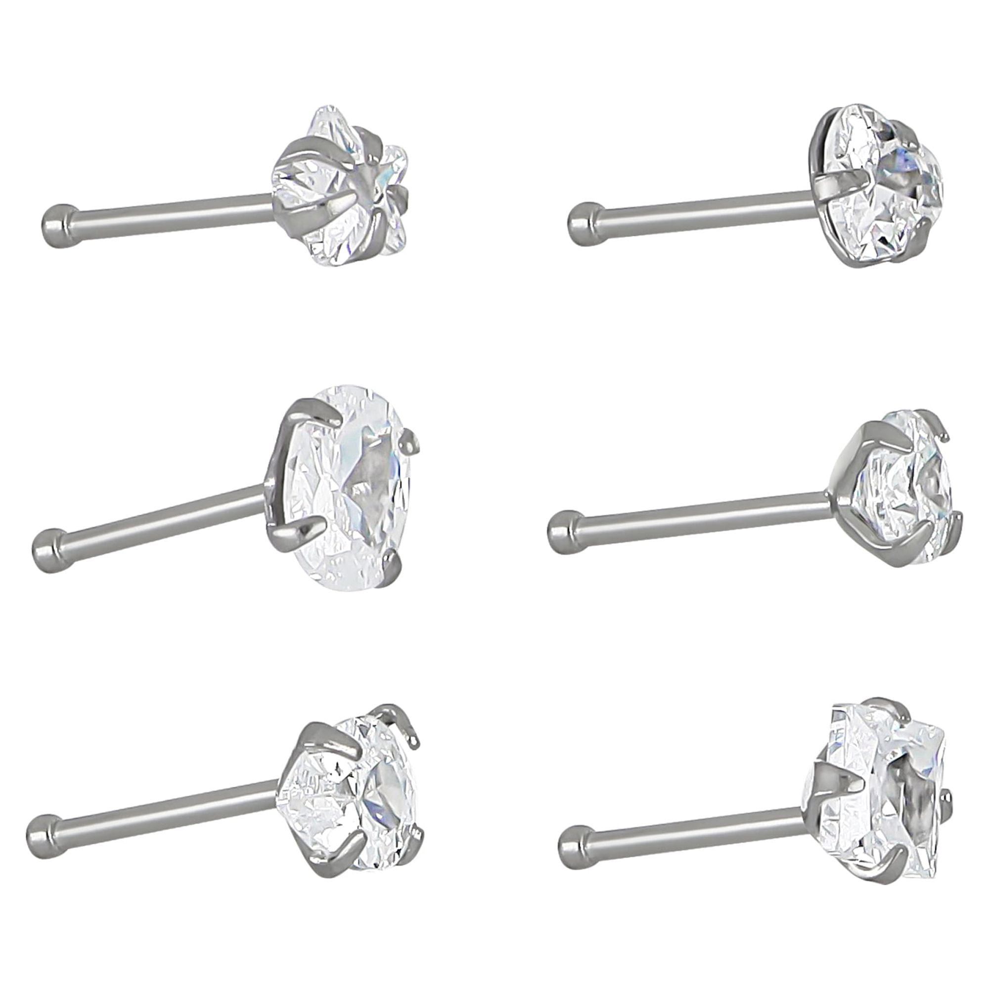 Body Jewelry 22G Women's Stainless Steel Crystal Nose Rings, 6 Pack