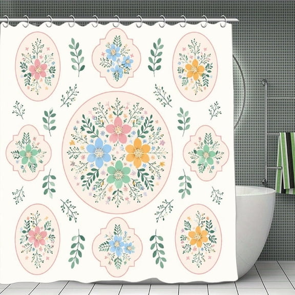 GooTPa Floral Badge And Wreath Collection Shower Curtain 70.870.8Inch,Watercolor Flowers Bathroom Shower Curtain,Waterproof Fabric Shower Curtain with Hooks