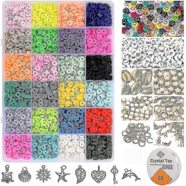 4000pcs Clay Beads For Jewelry Bracelet Making Kit 6mm 24 Colors Flat Polymer