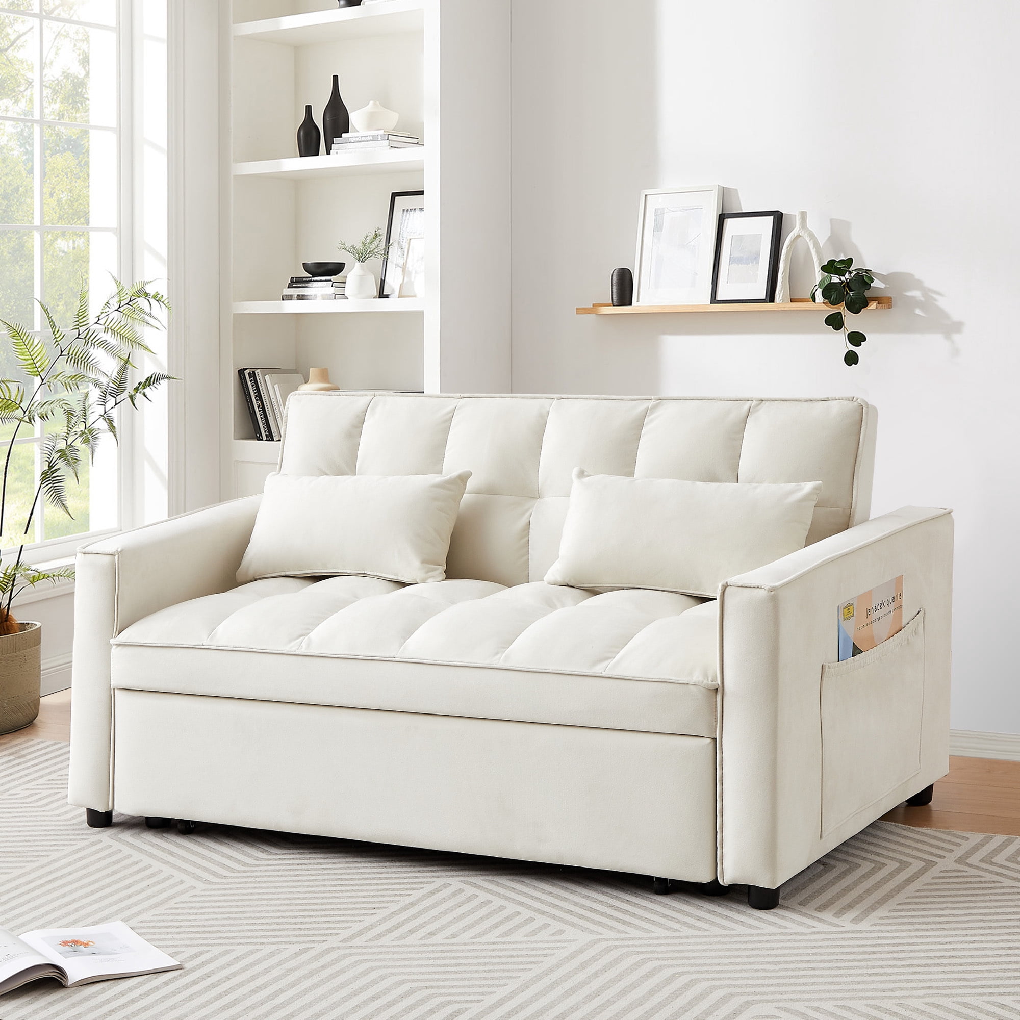 Lunale 4-in-1 Convertible Futon Sofa Bed, Pull Out Couch Beds Loveseat Sleeper, Beige Velvet