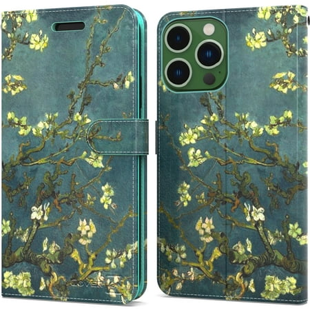 CoverON For Apple iPhone 14 Pro Max Wallet Case, RFID Blocking Vegan Leather 6x Card Slot Holder Cover Flip Folio Phone Pouch, Almond Blossom Art