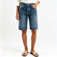 thumbnail image 2 of Men's High Waist Denim Bermuda Shorts, Medium Blue Wash Knee‑Length Jean Shorts with Pockets Casual Denim Bottoms, 2 of 8