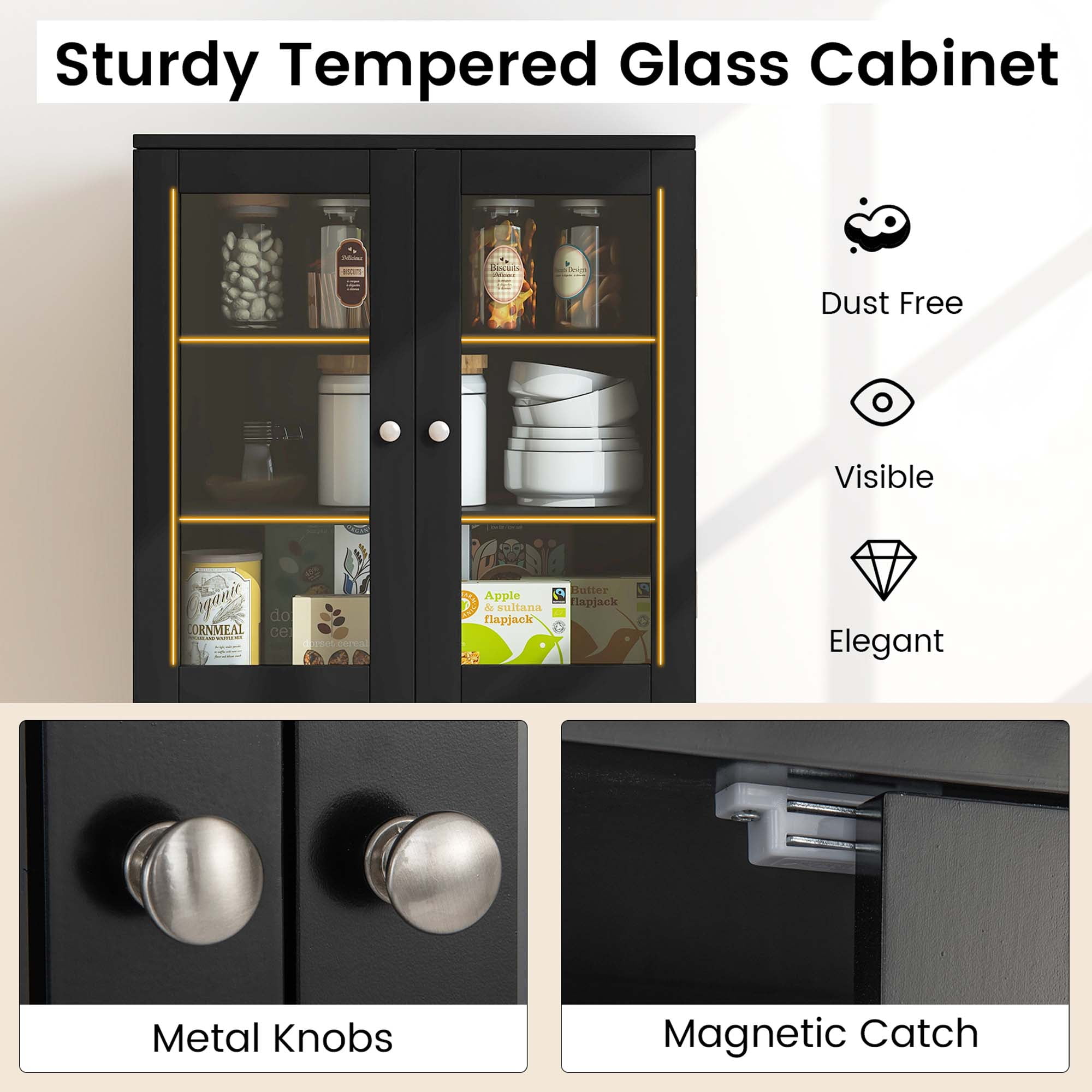 Costway 63.5" Tall Kitchen Pantry Storage Cabinet with Glass Door Storage Shelves Black
