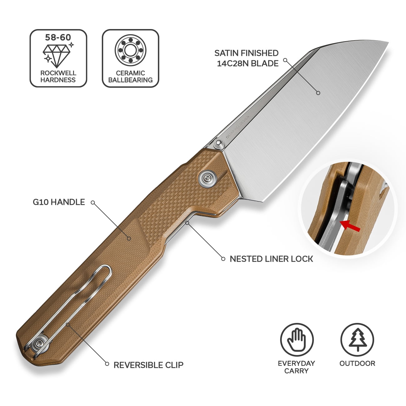 CIVIVI Hid Folding Pocket Knife 4.14" 14C28N Blade Brown G10 Handle Kitchen Knife with Thumb Stud Opener C23008-3