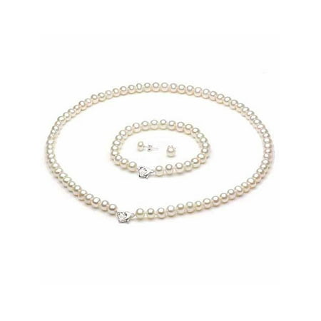 9-10mm White Freshwater Pearl Heart-Shape Sterling Silver Necklace (18"), Bracelet (7") Set with Bonus Pearl Stud Earrings