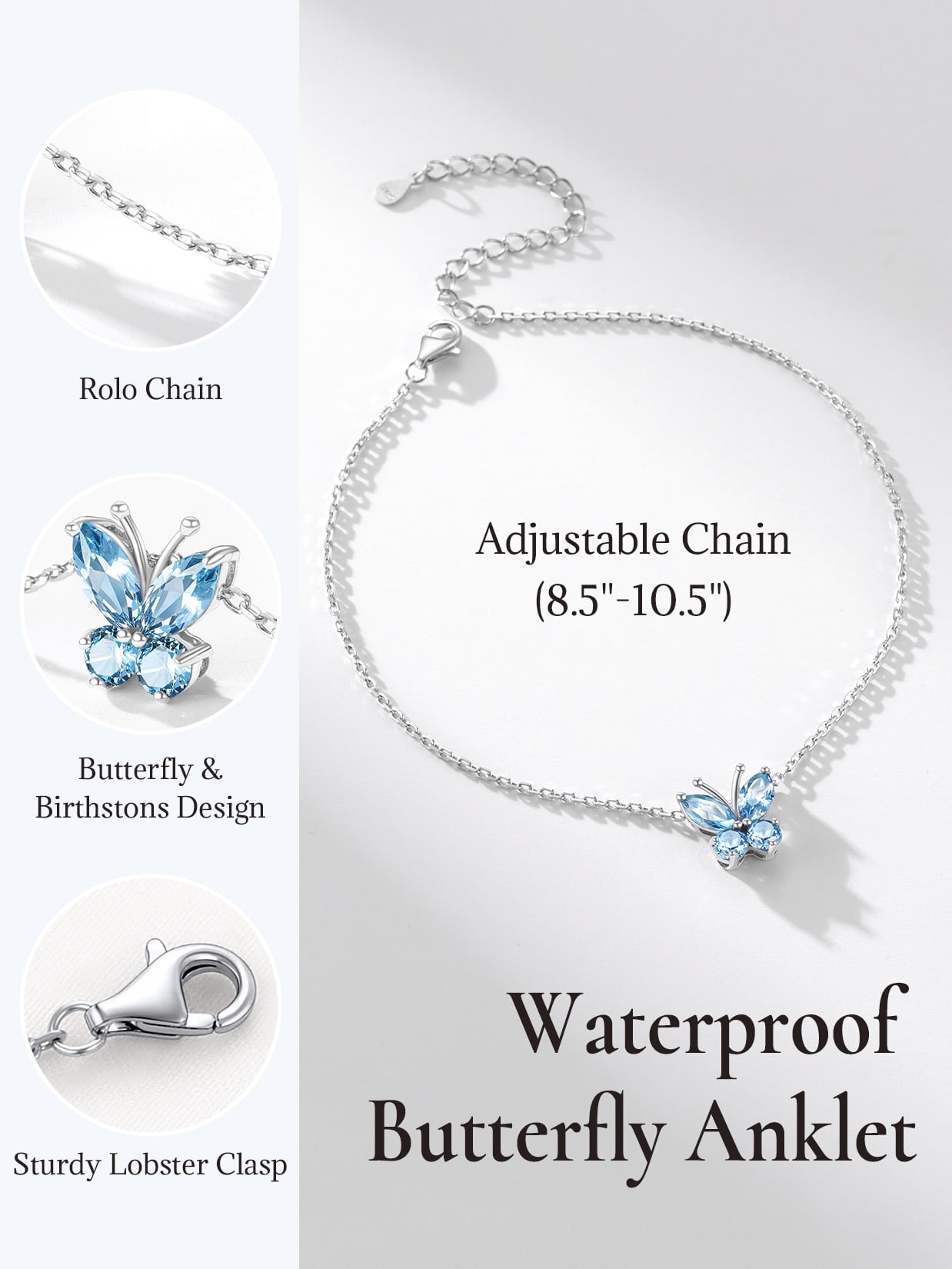 U7 Sterling Silver Anklet for Women Butterfly March Birthstone Foot Bracelet Summer Beach Holiday Jewelry Gift for Her Daughter Birthday