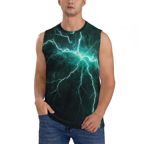 Fotbe Green Lightning Flash Men's Camiseta sin Mangas Estampada para Hombres, Playera Casual para Gimnasio, Entrenamiento, Playa-Large