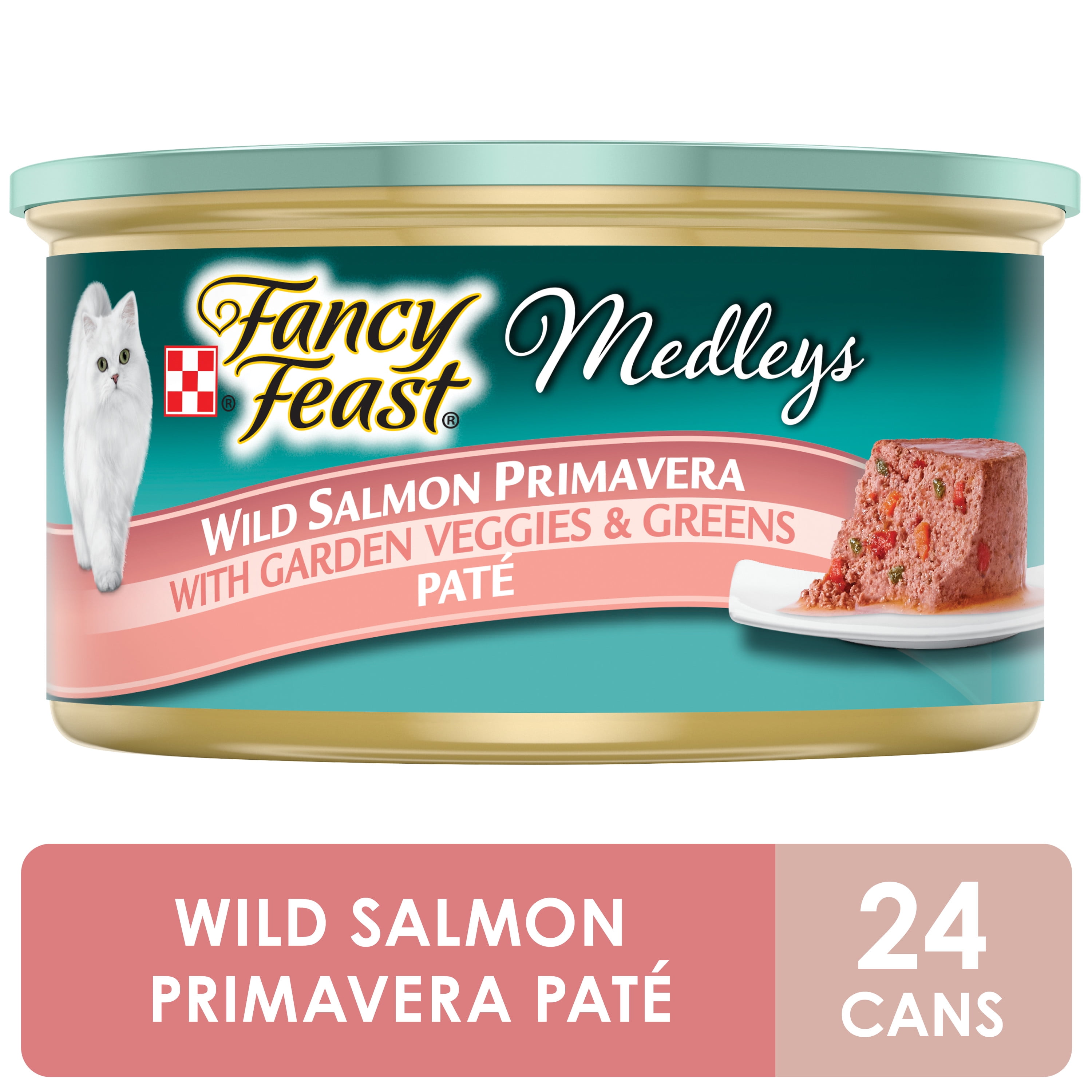 24 Pack Fancy Feast Pate Wet Cat Food Medleys Wild Salmon Primavera With Garden Veggies Greens 3 Oz Cans Walmart Com Walmart Com