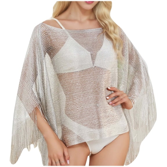ZQUUVOU Women's Beach Cover Up Sheer Mesh Fringe Lightweight Shrug Summer Trendy Batwing Sleeve Boho Poncho Tops Silver