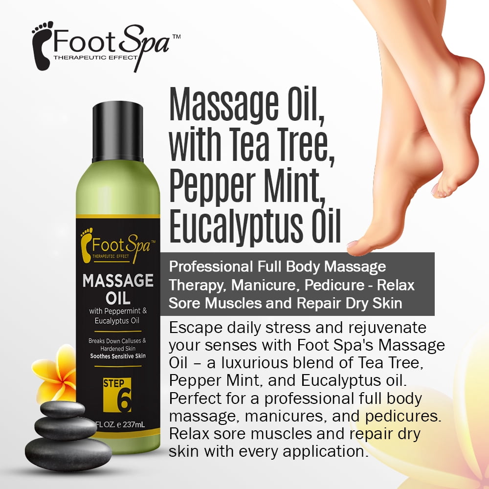 FOOT SPA - Professional Body Massage Oil, with Tea Tree, Pepper Mint, Eucalyptus Oil, 8 oz for Body, Hand, Foot
