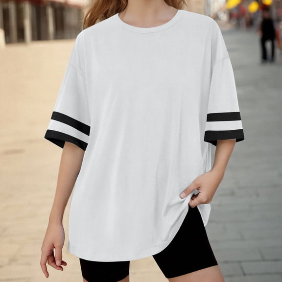 BRGZLK Women's Oversized T Shirts Spring Summer Pure Cotton Thin Sleeve Patchwork Stripe Round Neck Short Sleeve Casual Loose Cozy Comfy Basic T Shirt Top for Wear Outside White 12-13 Years