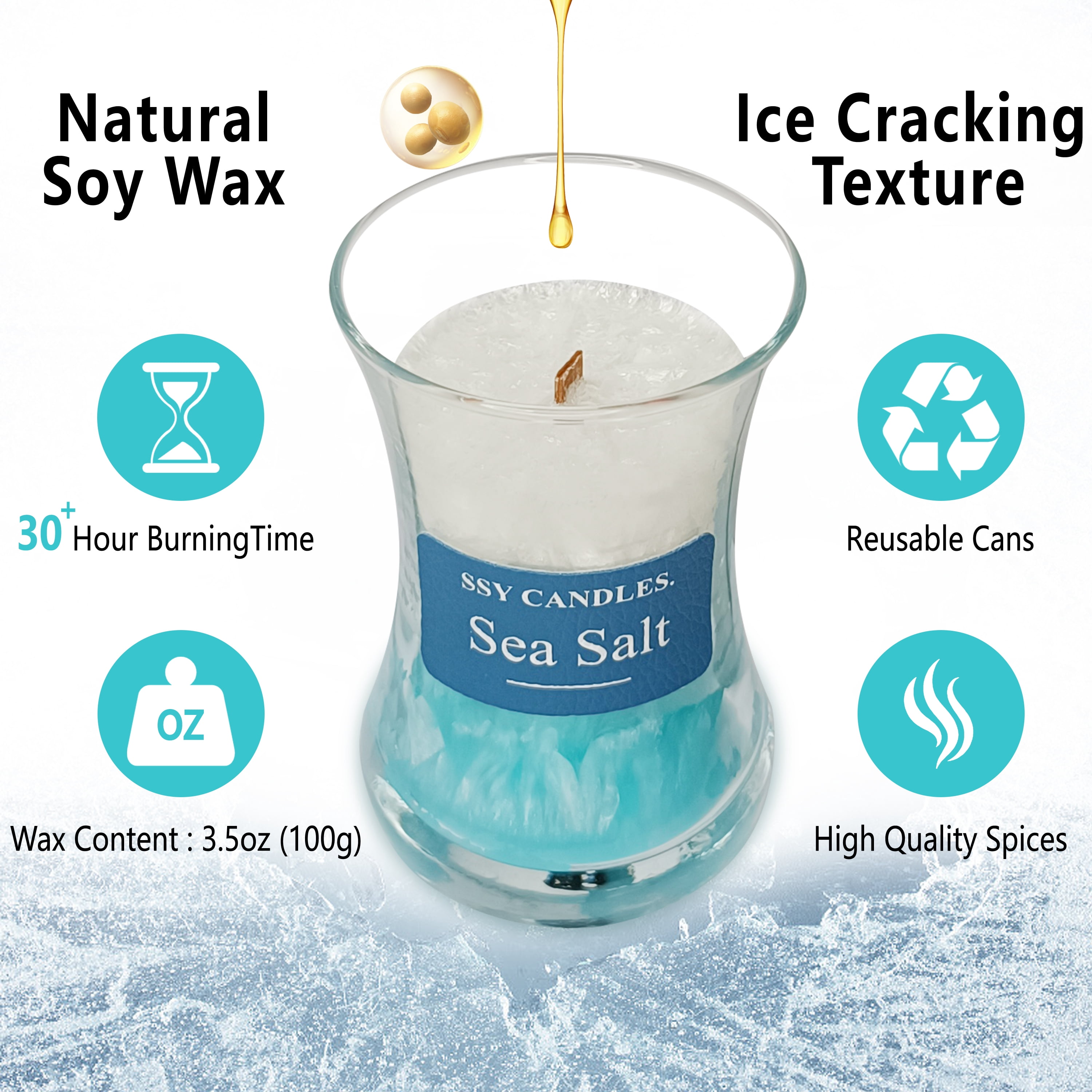 Sea Salt Scented Candles for Home-Jar candles 3.5 oz - Wooden Wick Candle-Candles Gift for Women -Aromatherapy candles