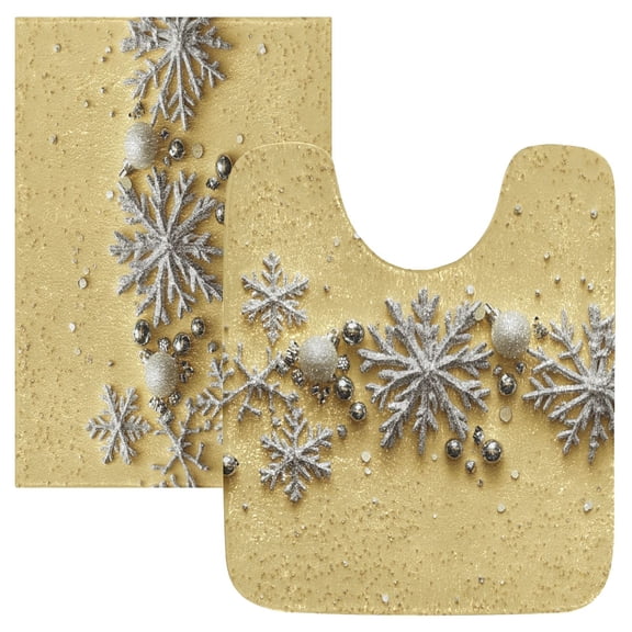 2 Piece Soft Bathroom Rug Set Silver Snowflakes Bath Mat and U-Shaped Toilet Contour Rug (16"x24" 20"x24")
