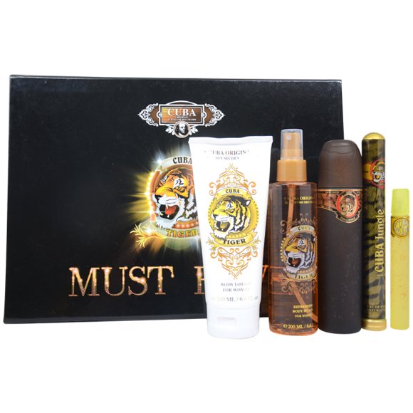 Cuba Jungle Tiger by Cuba pour Femmes - Coffret Cadeau 5 Pcs Vaporisateur EDP 3,3 Oz, Vaporisateur EDP 1,17 Oz, 0,5 Oz Cuba Young, Lotion pour le Corps 6,6 Oz, Vaporisateur Rafraîchissant pour le Corps 6,6 Oz