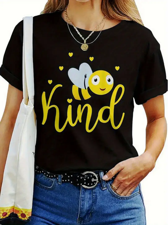 Graphic T-shirt - Women's casual crew-neck T-shirt, black and yellow bee and heart design, short sleeve, loose, suitable for spring, autumn and winter, Mother's Day gift ideas