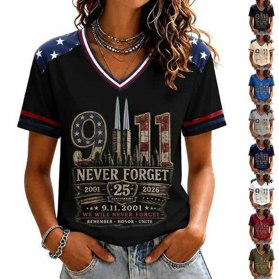 9/11 25th Anniversary Shirt Womens WE Will Never Forget Tee Shirts | Lightweight Fabric, V Neck Short Sleeve Tops, American Flag, 2001-2026 25Th Anniversary Tops, Patriotic Honor Tee Shirt,L
