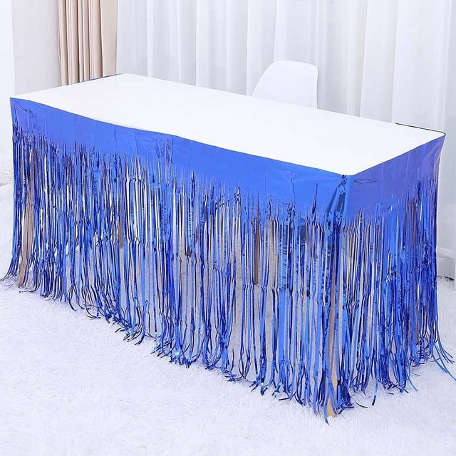 Nvzi Juego de 5 faldas de mesa con flecos de papel metalizado azul oscuro de 29 x 108 pulgadas (9 pies de largo), faldas desechables de oropel para carrozas de desfile,cumpleaños, baby shower, boda