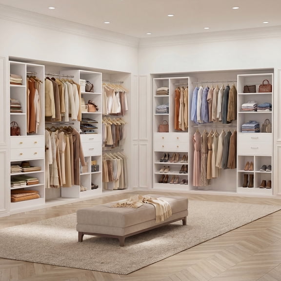 Homieasy Adjustable Walk-in Closet System, 10.7FT (72"-128.6") with 4 Wooden Drawers, 6 Hanging Rods, 3-Tier Shoe Rack & Grid Cubes, Heavy-Duty 1000LBS Capacity for Bedroom Organization,White