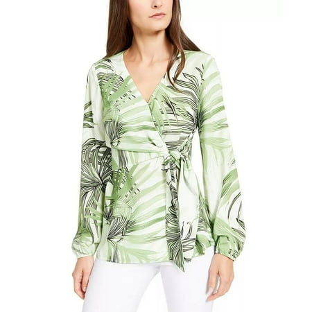 Alfani Women's Printed Faux-Wrap Top Green Size Petite Small