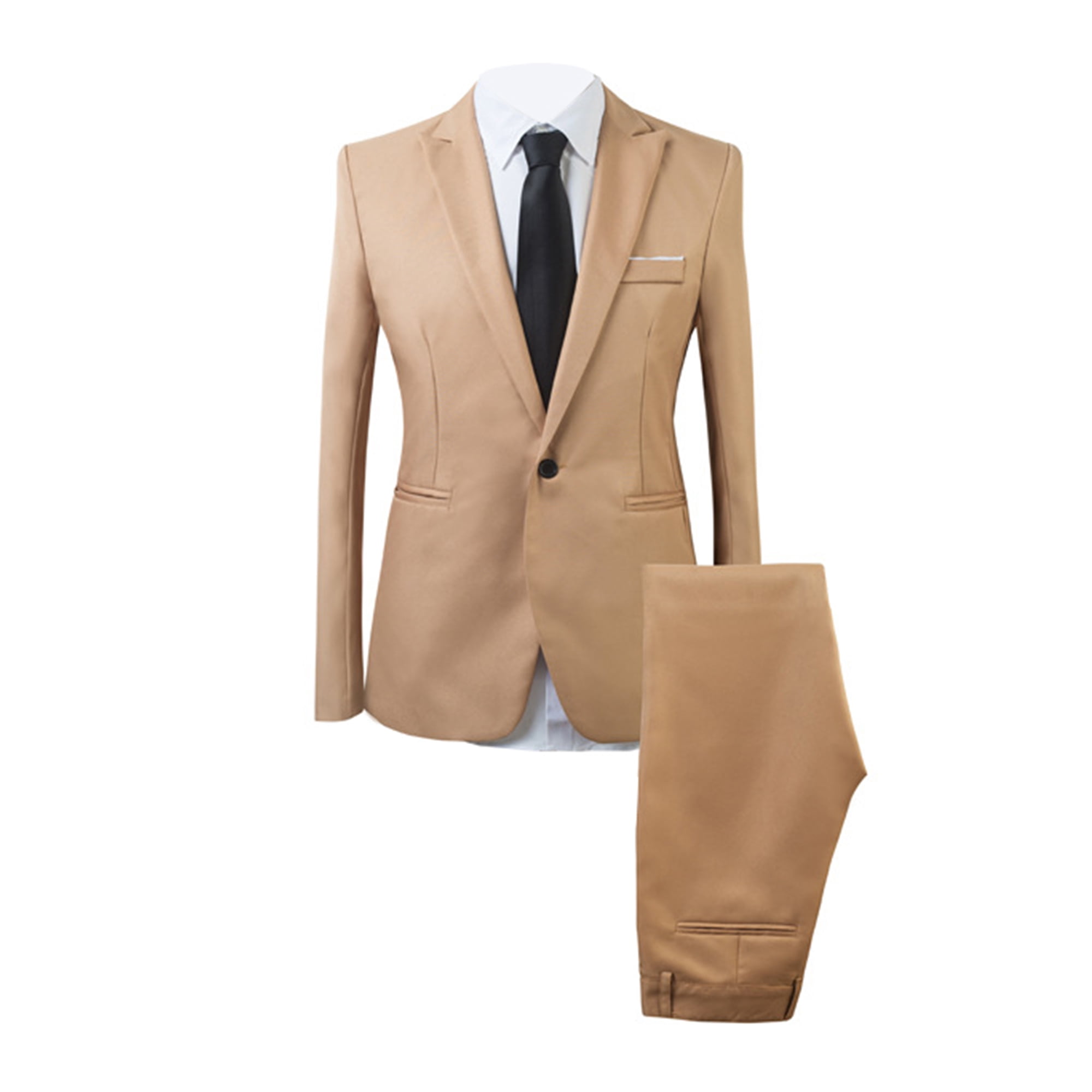 Bellella Men Blazers Outfits Solid Color 2 Peices Suit Lapel V Neck Fitted Long Sleeve Boys Khaki XL