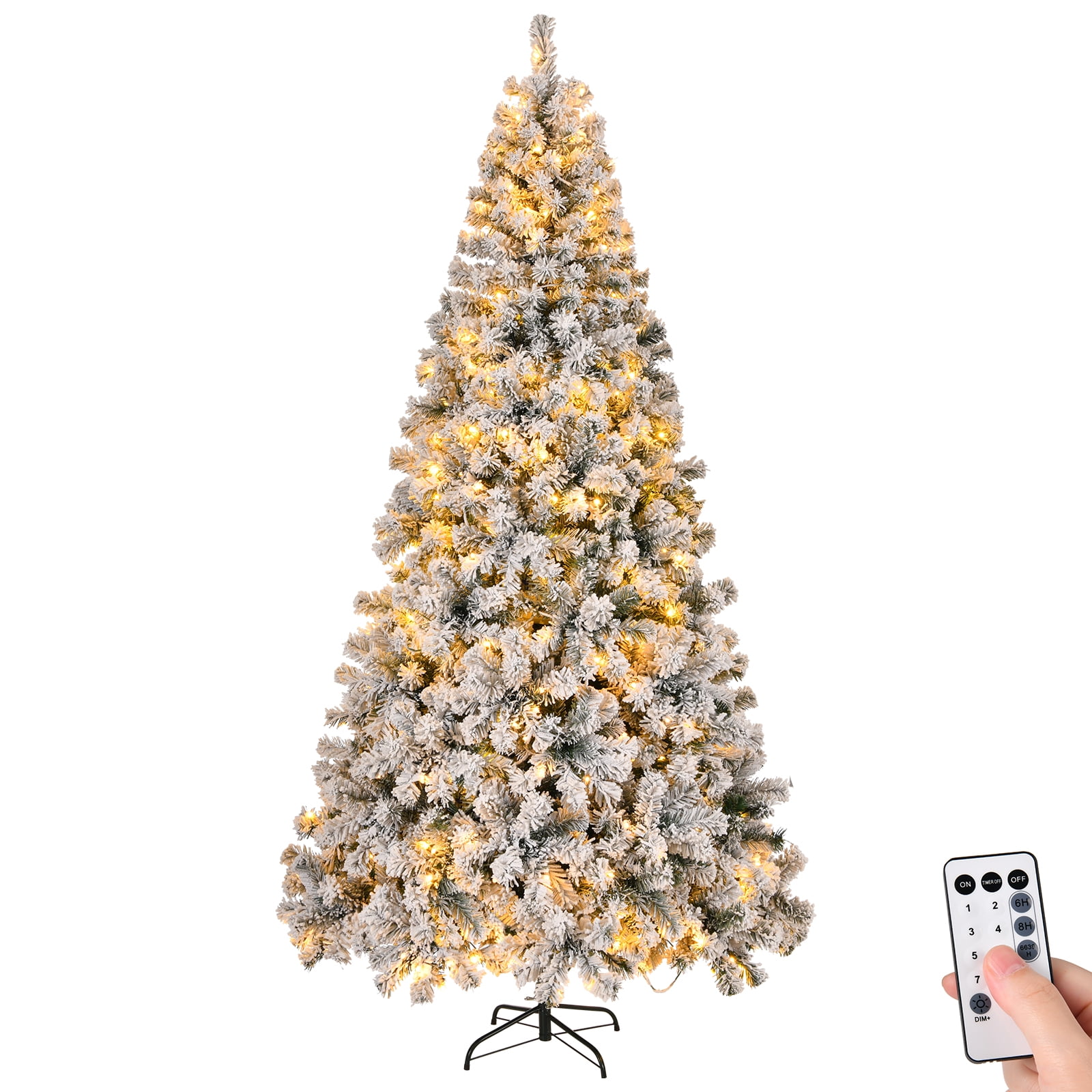 8 FT Snow-Flocked Pre-Lit Christmas Tree 1300 PVC Branch Tips 500 LEDs and Remote 11 Modes Stepless Dimming 3-Step Setup for Holiday Party Office Home Snowy Green