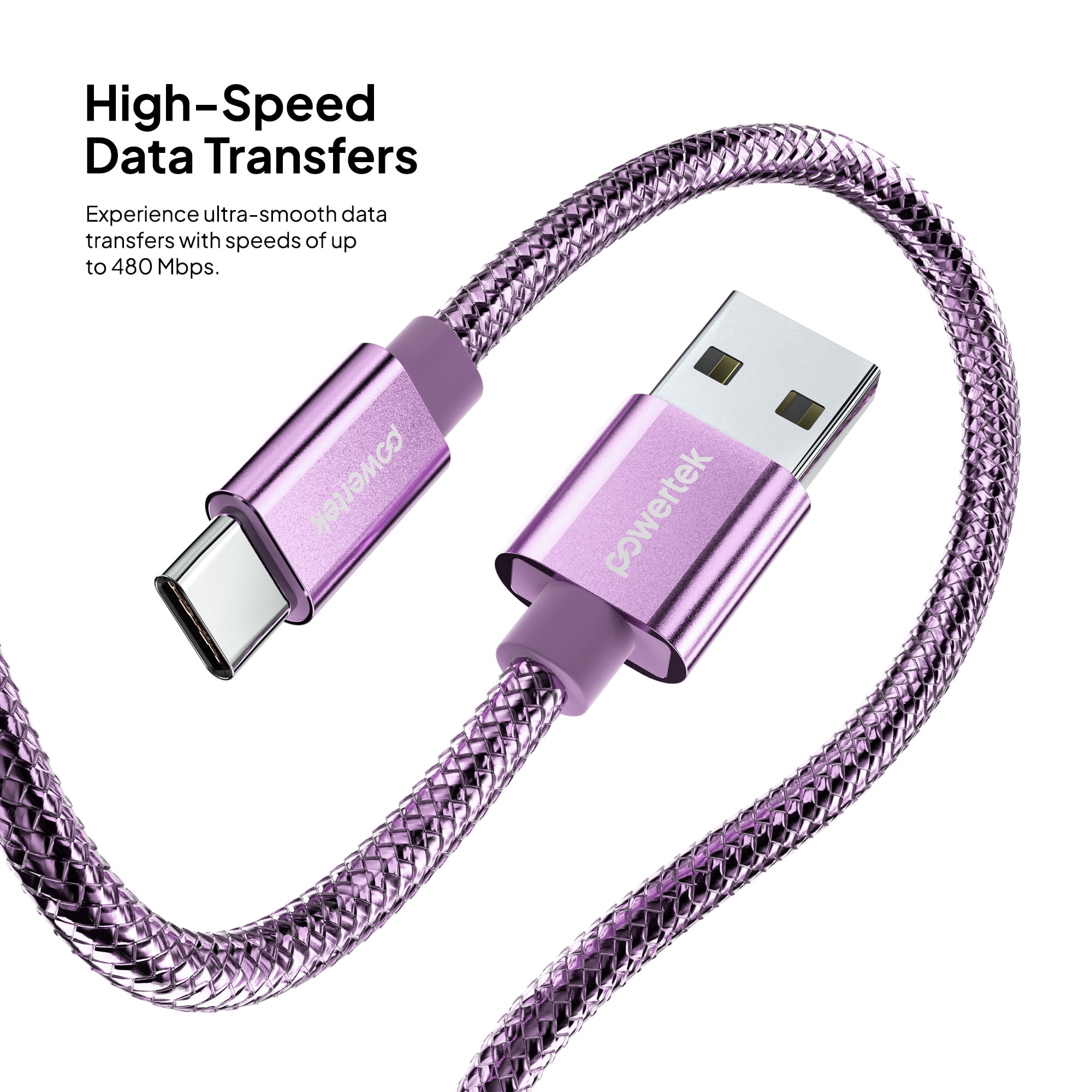 Powertek Luxe 6ft USB-A to USB-C Cable, Purple, Fast Charge & Sync, Metallic Mesh PVC Jacket, Durable Tangle-Free Design