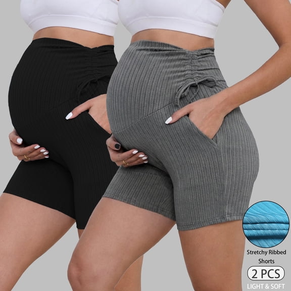 Women's Plus Size Maternity Biker Shorts Over the Belly Drawstring Stretchy Pregnancy Yoga Workout with Pockets 2-Pack