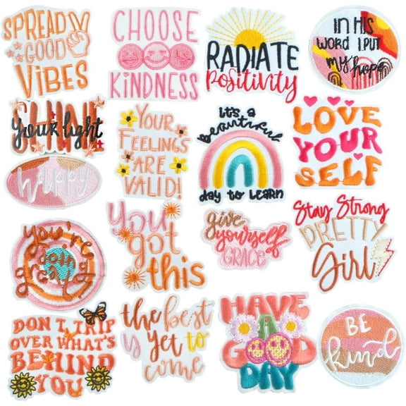 17pcs Positive Affirmations Iron on Patches, Boho Hippie Style Inspirational Words Embroidered Sew on Applique Craft Accessories for DIY Clothes Hats Backpacks Jeans Jackets Decor