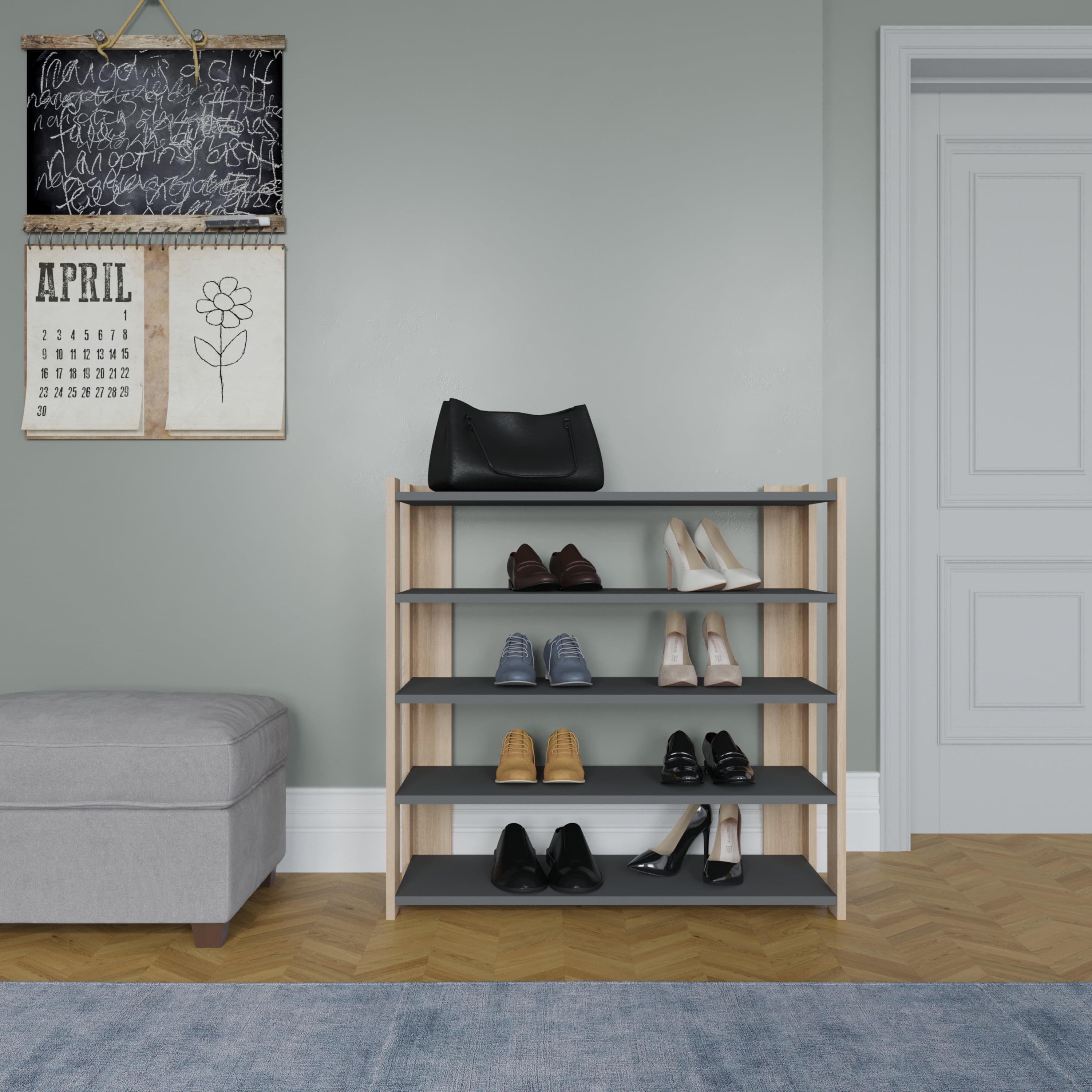 Ada Home Decor Furniture 4 Tier 16 Pair Oak Anthracite Gordon Modern Shoe Rack