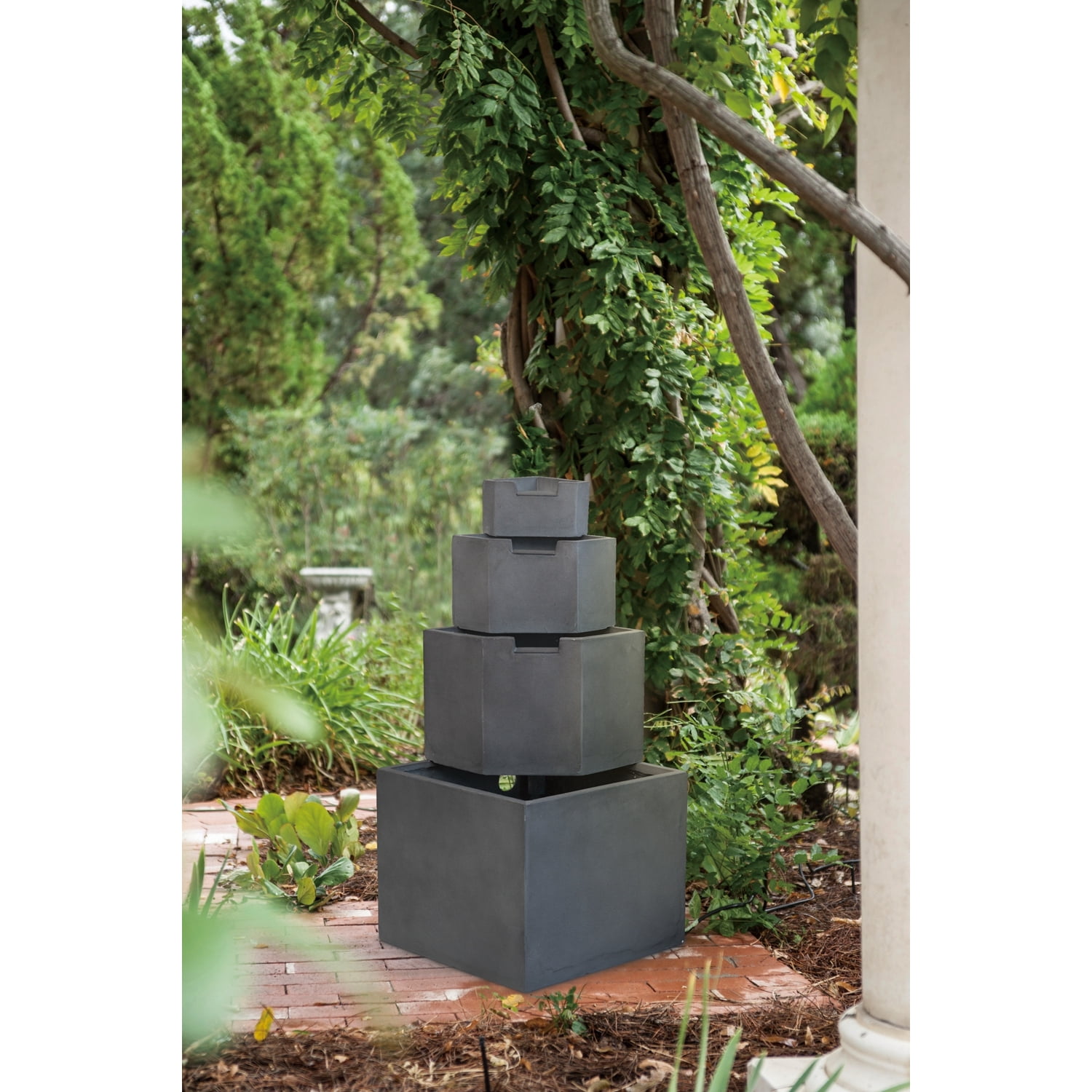 Newboti Furniture 19.7x19.7x41.7" Gray Cement 4 Tier Block Water Fountain Outdoor 23512