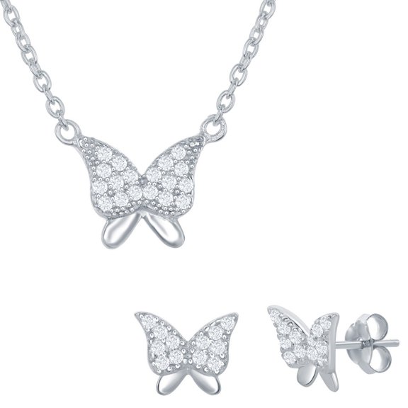 iJewelry2 Sterling Silver Micro Pave CZ Butterfly Pendant Necklace and Earrings Set