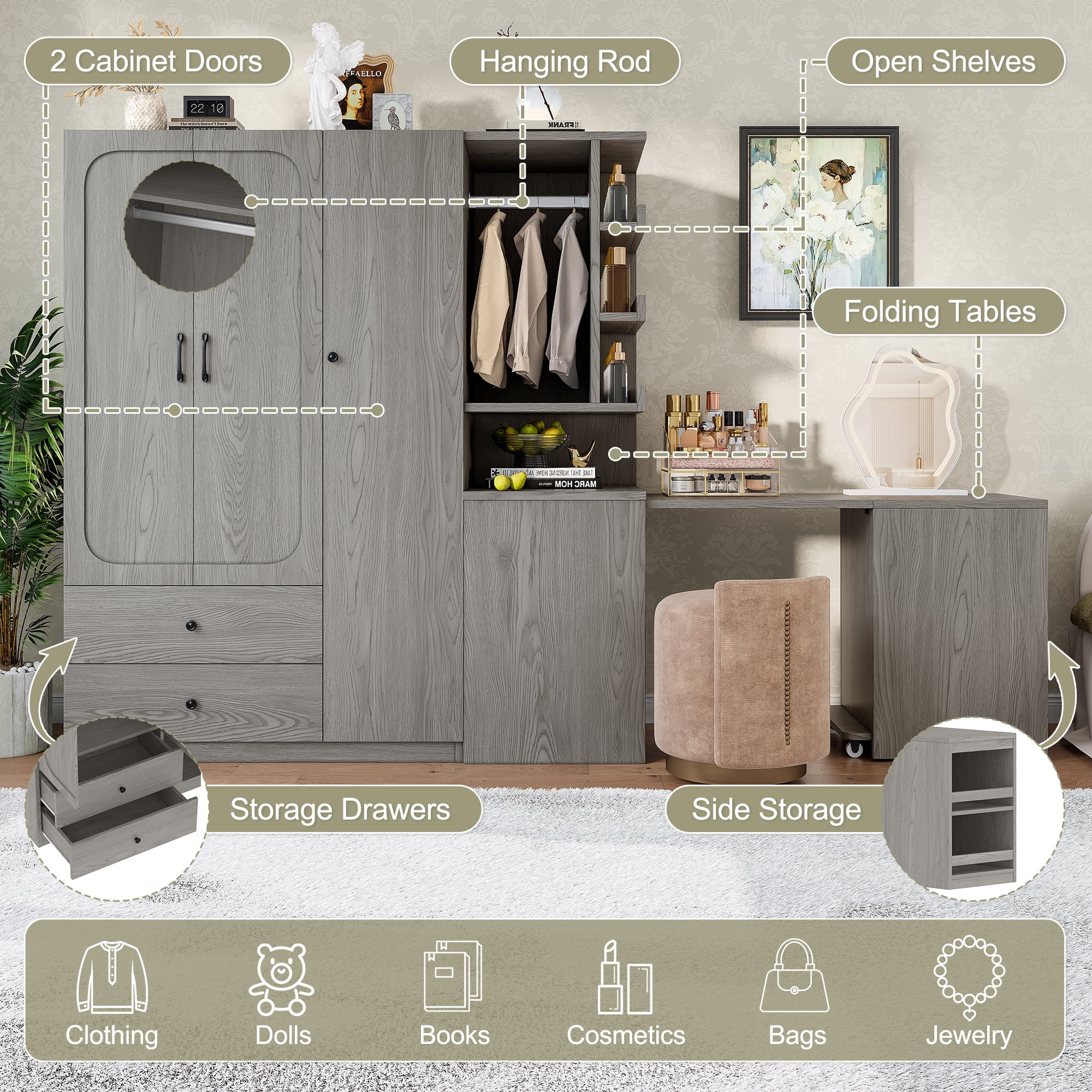 Mintazer Multifunctional Wardrobe Closet with Convertible Foldable Desk & Open Shelves, Clothes Storage Cabinet with Hanging Rod & Drawers for Bedroom Cloakroom Apartment, Gray