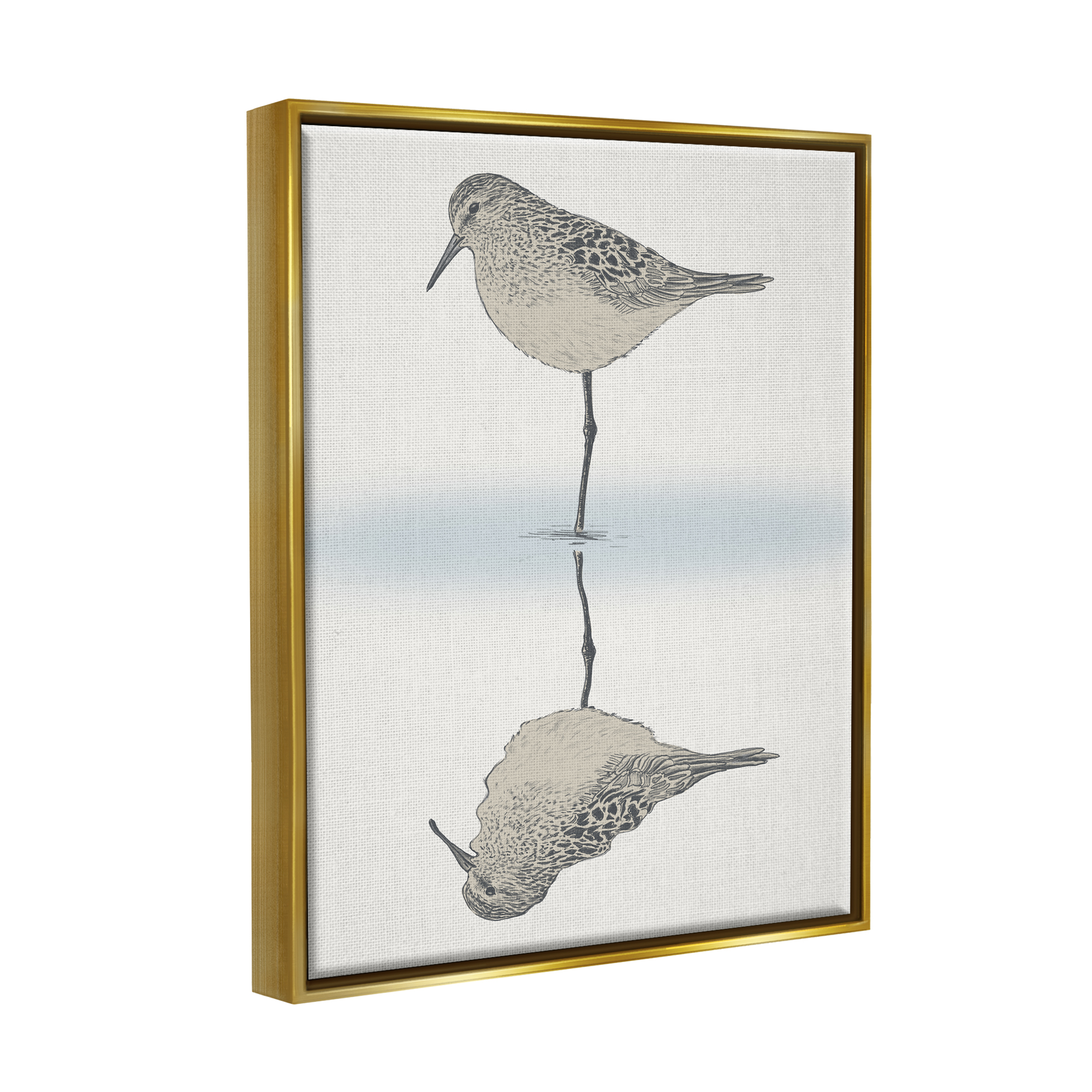 Stupell Industries Tranquil Sandpiper Bird Reflection Shallow Beach Shoreline Graphic Art Metallic Gold Floating Framed Canvas Print Wall Art, Design by Ziwei Li