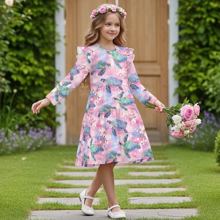 Fkelyi Ruffled Long Sleeve Dress for Girl A-Line Pleated Twirly Dress Pink Floral Turtle Print Crew Neck Flowy Holiday Dresses for Kids Fall Outfits, Fkelyi Ruffled Long Sleeve Dress for Girl A-Line Pleated Twirly Dress Pink Floral Turtle Print Crew Neck Flowy Holiday Dresses for Kids Fall Outfits,