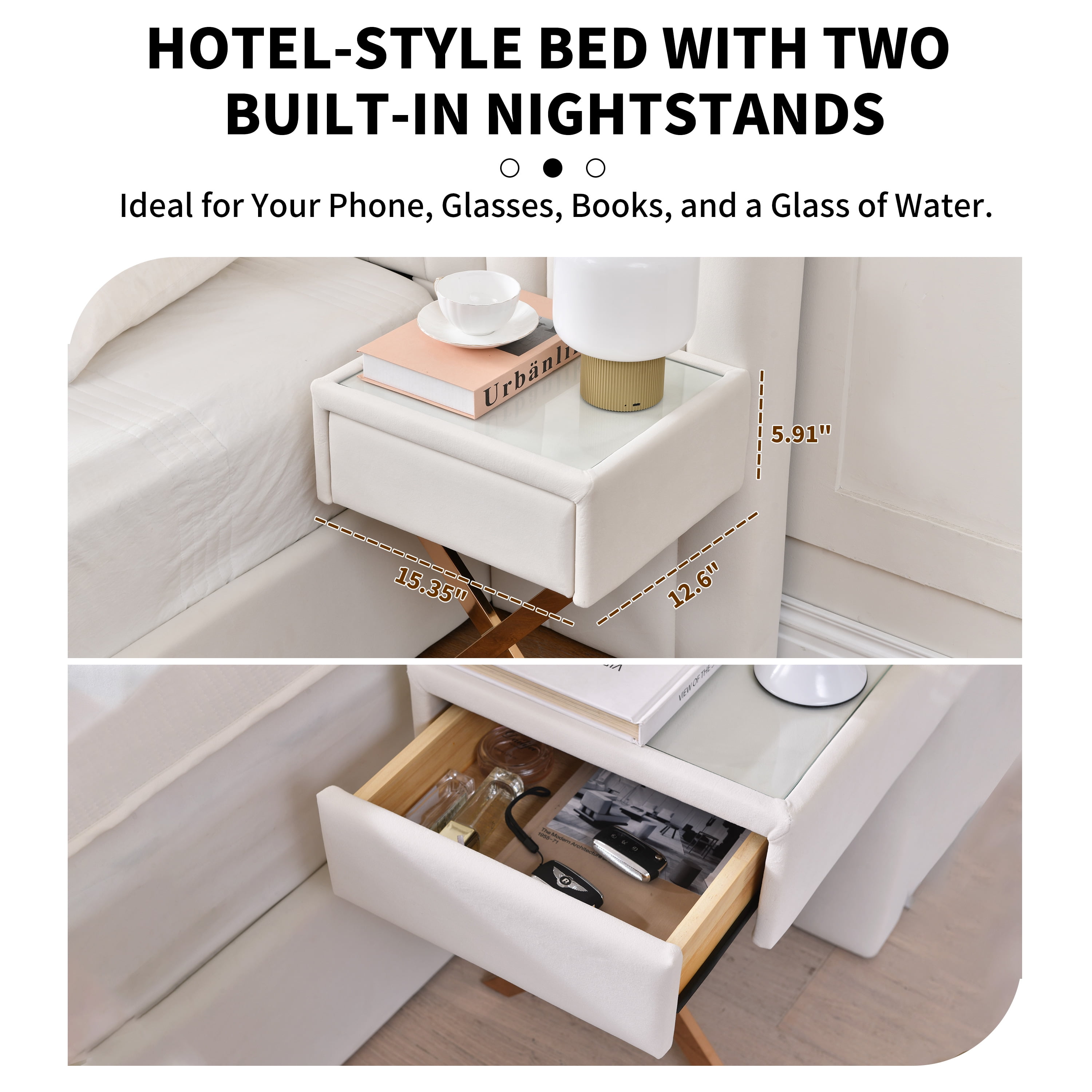 Queen Upholstered lift up Storage Bed Frame with Oversized Headboard, Built-in Nightstands and Wood Slat Support, No Box Spring Needed, Cream