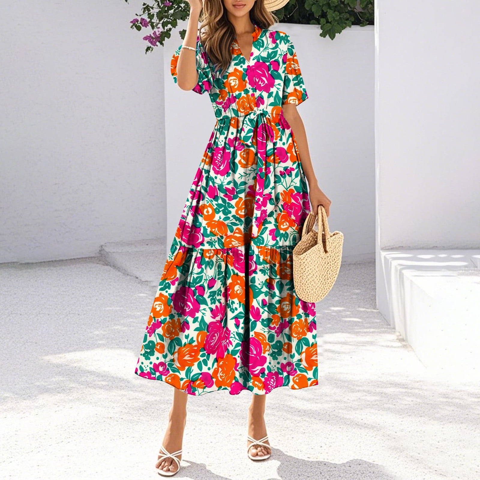 Weiqiqre Women's Dresses Floral V Neck Puff Sleeve Empire Waist A Line Flowy Long Beach Boho Dress