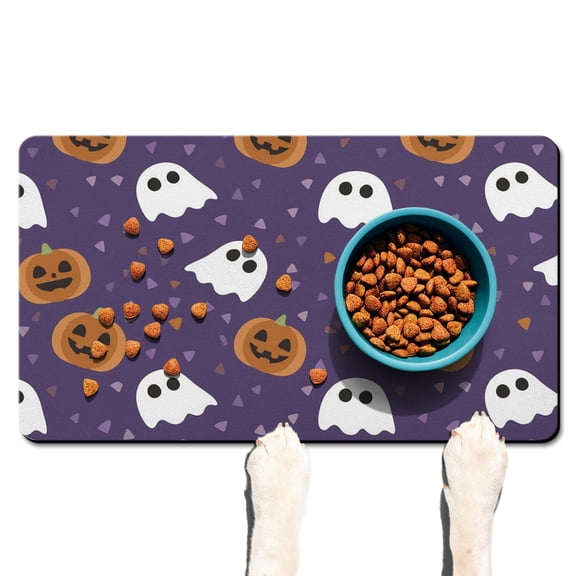Happy Halloween Pumpkin Pet Food Mat Absorbent No-Slip 17x30 Inch Cat Food Mat Evil Pumpkin Ghost Dog Feeding Mat EcoFriendly Durable Pet Placemat