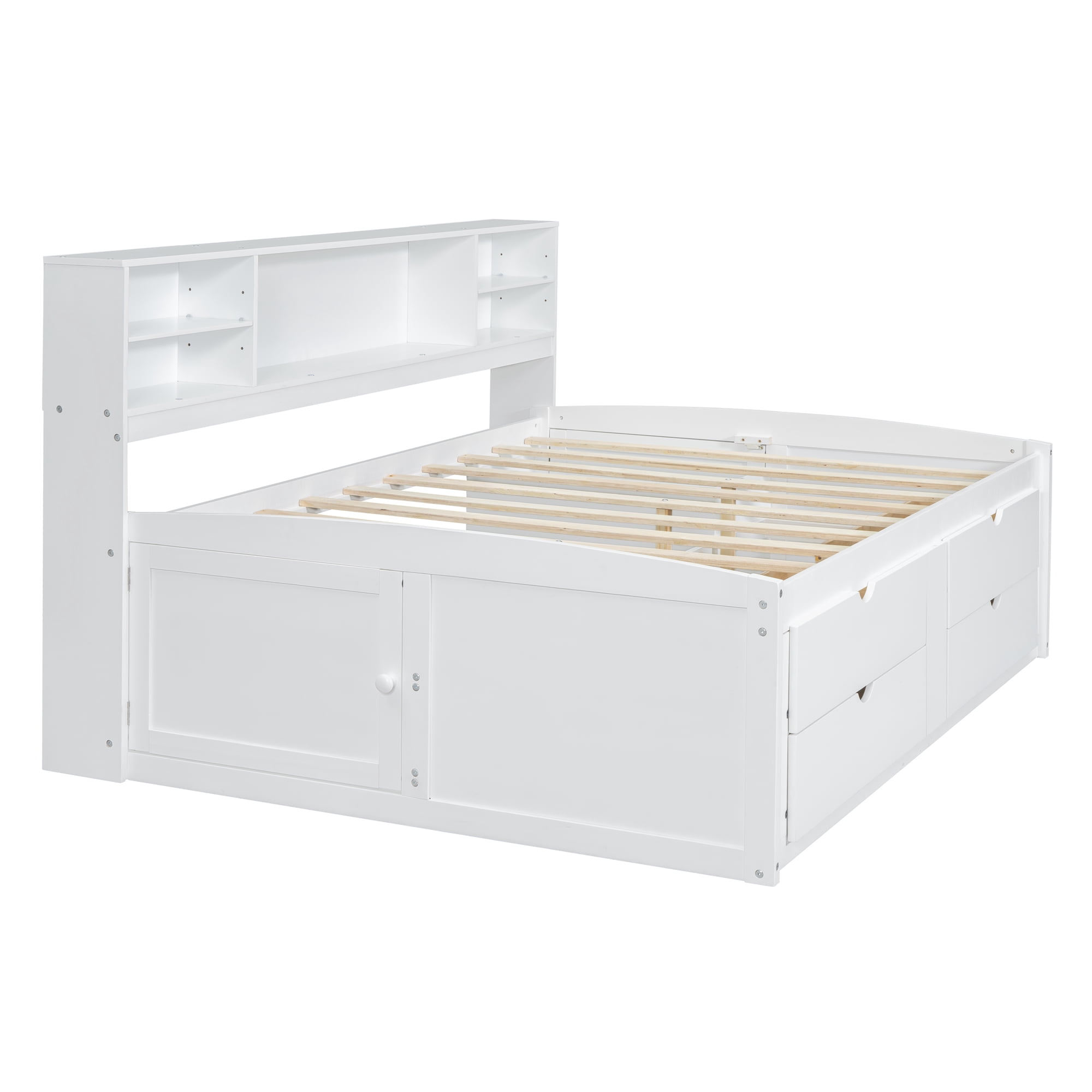 Mintazer Full Daybed Frame with Bookcase Headboard, Multifunctional Storage Bed with 4 Storage Drawers & Side Cabinet for Bedroom Guest Room, White