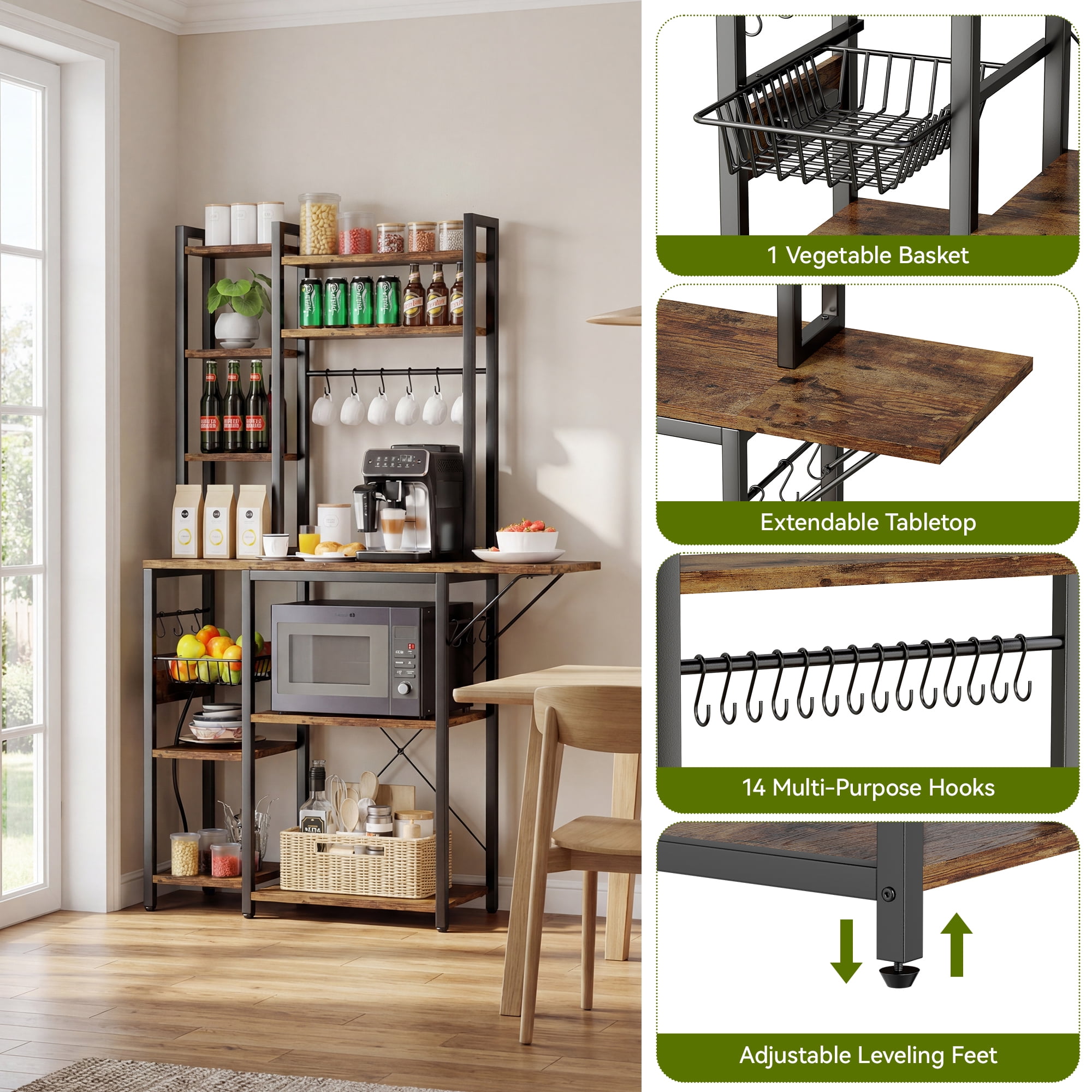 Keenstone Kitchen Bakers Rack Desktop Extension with 3 Power Outlets, Microwave Oven Stand with 14 S-shaped Hooks ,Coffee Bar Table 10 Tiers with Wire Basket,Rustic Brown