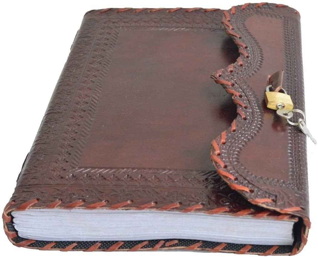 Jaald 10" Leather Journal Blank Notebook Handmade Travel Diary with Lock Writing Bullet Journal Christmas Gift Brown Sketchbook for Artists