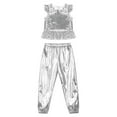 thumbnail image 4 of iiniim Kids Girls Sequins Jazz Hip Hop Dance Outfits Ruffle Sleeves Crop Top Shirts with Pants Set 6-16 Silver 10, 4 of 7