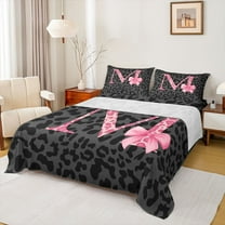 Homewish Ribbon Monogrammed M Twin Sheet Sets for Girl, Kawaii Princess Style Twin Fitted Sheet, Black Pink Cheetah Print Flat Sheet, Super Cozy Room Decor, 3 Pieces